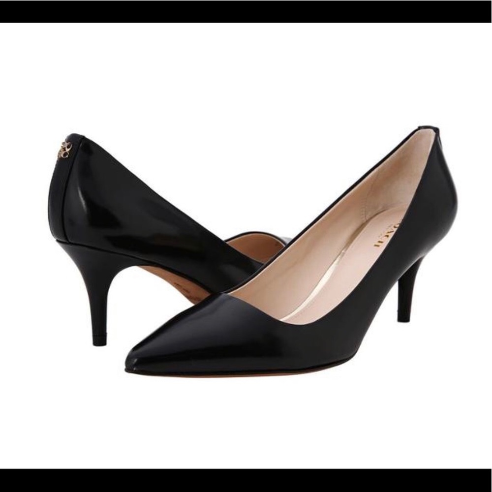 Coach black leather kitten heels, 8. “Grand box”